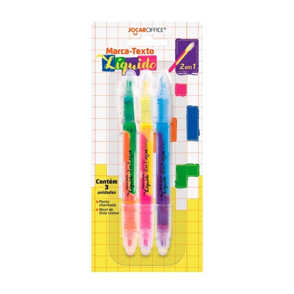 MARCA TEXTO LIQUIDO 2 EM 1 BLISTER C/3PCS UN.