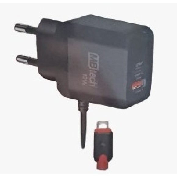 CARREGADOR DE TOMADA 12W 2.4A SAIDA TIPO-C C/2 ENTRADAS USB A&C UN. MB TECH