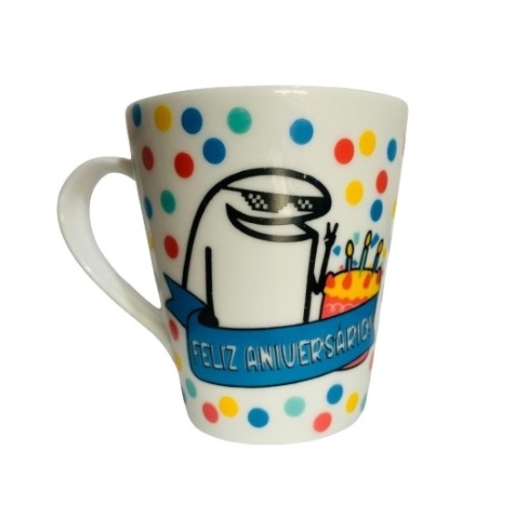 CANECA 290ML DE PORCELANA FLORK- ANIVERSARIO FAIXA UN. TERRAMADA