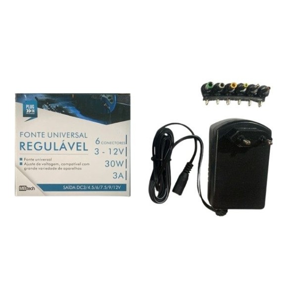 FONTE UNIVERSAL REGULAVEL 3V-12V 30W C/6 PLUGUES UN. MB TECH