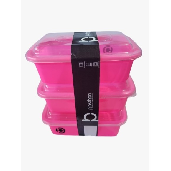 POTE CONJUNTO 3PCS RETANGULAR 350 ML ROSA NEON PLASTBON