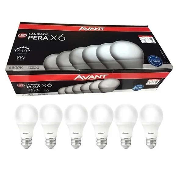 LAMPADA LED PERA CX C/6PCS 9W 803 LUMENS 6500K LUZ BRANCA UN. AVANT