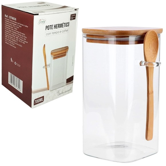 POTE HERMETICO DE VIDRO QUADRADO COM TAMPA E COLHER DE BAMBU 700ML UN. FU XING