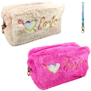 NECESSAIRE DE PELUCIA RETANGULAR LOVE C/ ALCA E ZIPER 19X11X7CM