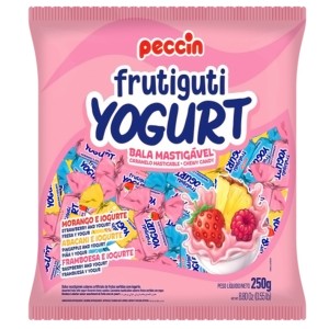 Bala mastigável sabor de frutas sortidas com iogurte (morango e iogurte, abacaxi e iogurte, framboesa e iogurte)